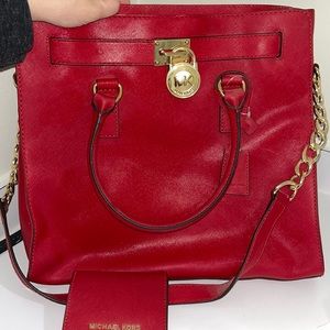Large red Michael kors tote with matching wallet